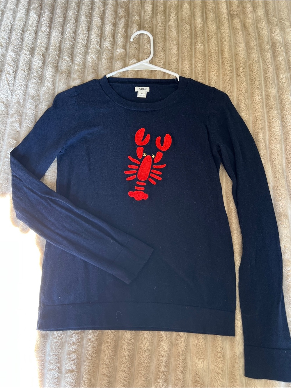 J. Crew Factory Navy Crewneck Sweater with Red Lobster Appliqué